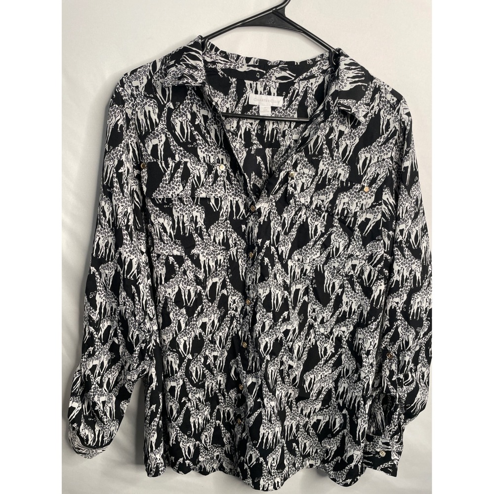 Charter Club Giraffe Print Button Down Blouse Black White Roll Tab Sleeve M